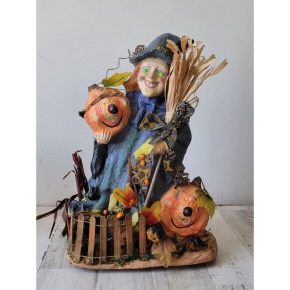 Vintage witch paper mache motion activated light up Halloween skeleton prop deco - Picture 5 of 16